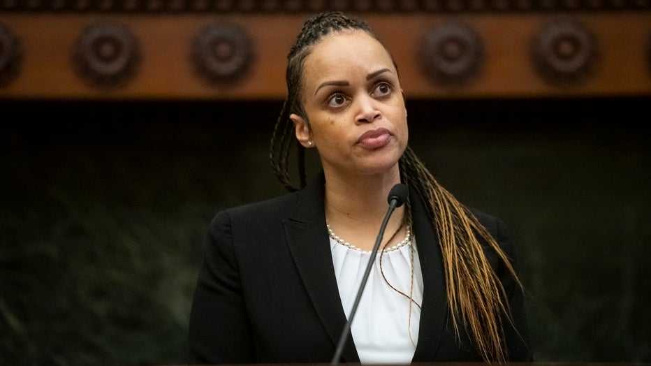 Danielle Outlaw addresses the media during a press conference announcing her as the new Philadelphia police commissioner.