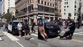 Video shows LAPD vehicle driving through crowd and striking protesters before speeding away