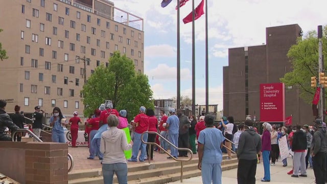 Workers at Temple University Hospital rally for hazard pay, PPE and regular testing