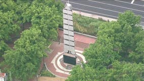 Base of Penn's Landing Christopher Columbus monument covered