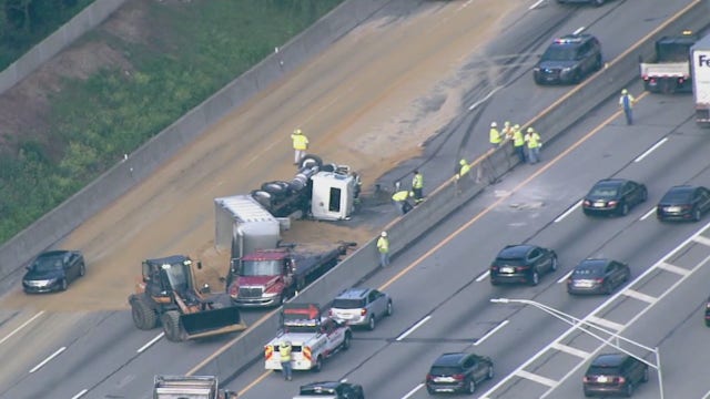 Overturned dump truck scatters sand, closes eastbound lanes of PA Turnpike near Fort Washington