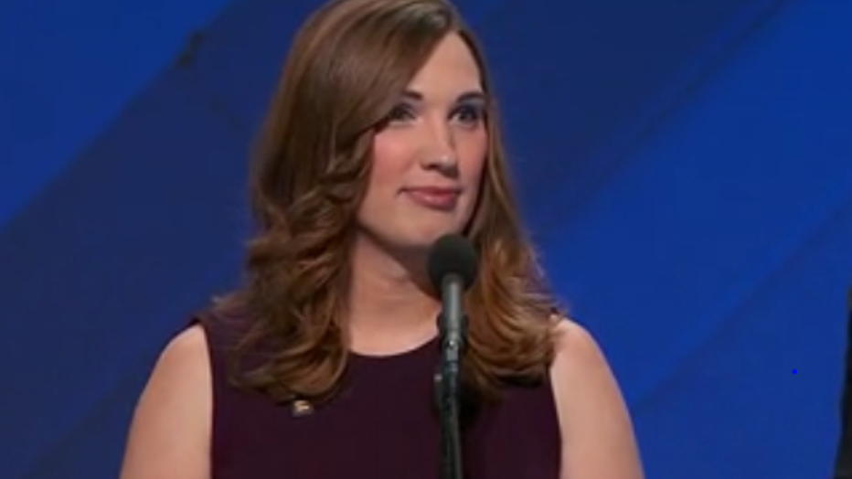 Transgender activist Sarah McBride speaks at the 2016 Democratic National Convention. 