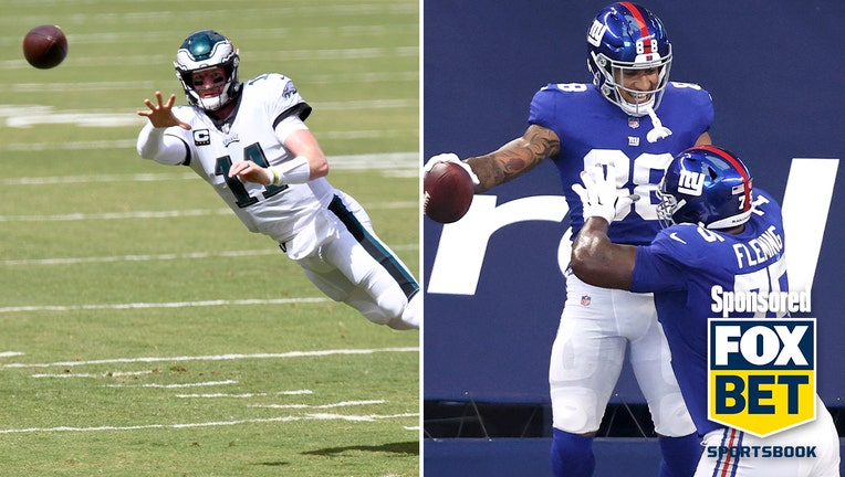 LEFT: Carson Wentz #11 of the Philadelphia Eagles throws a pass in the first quarter against the Washington Football Team at FedExField on September 13, 2020 in Landover, Maryland. (Photo by Greg Fiume/Getty Images) RIGHT: Evan Engram #88 of the New York Giants is congratulated by Cameron Fleming #75 after scoring a touchdown against the Dallas Cowboys at AT&T Stadium on October 11, 2020 in Arlington, Texas. (Photo by Tom Pennington/Getty Images)