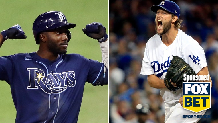 LEFT: Randy Arozarena #56 of the Tampa Bay Rays celebrates a single against the Houston Astros during the ninth inning in Game Three of the American League Championship Series at PETCO Park on October 13, 2020 in San Diego, California. (Photo by Ezra Shaw/Getty Images) RIGHT: Clayton Kershaw #22 of the Los Angeles Dodgers celebrates after retiring the side in the eighth inning against the Atlanta Braves during Game Two of the National League Division Series at Dodger Stadium on October 5, 2018 in Los Angeles, California. (Photo by Sean M. Haffey/Getty Images)