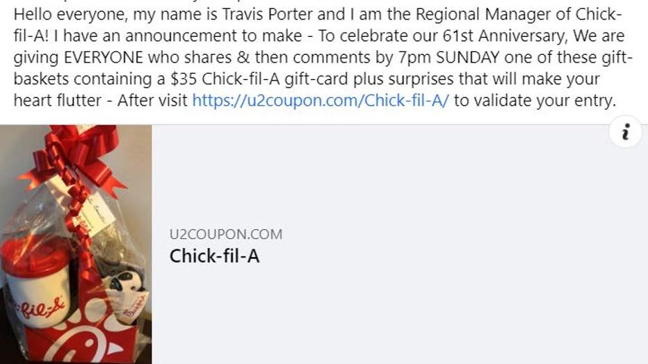 Free Chick-fil-A gift basket offer circulating on Facebook is a hoax