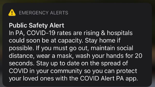 PA officials send alert messages to mobile devices regarding pandemic