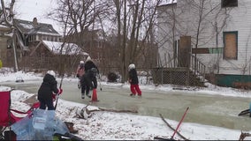 Vacant lot transformed into homemade ice skating rink for kids