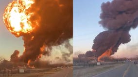 Train carrying fuel explodes after colliding with 18-wheeler in Texas