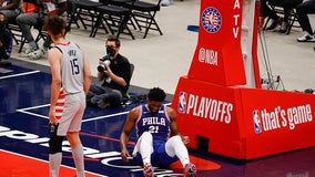 Joel Embiid leaves with sore knee, 76ers lose to Wizards 122-114