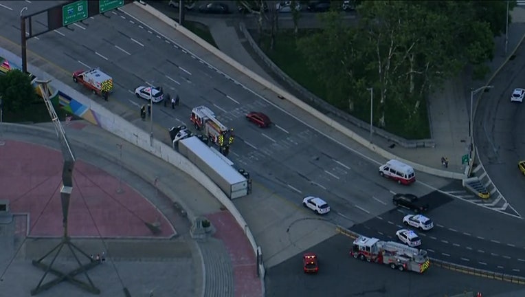 Skyfox over the Ben Franklin Bridge where a tractor trailer flipped.