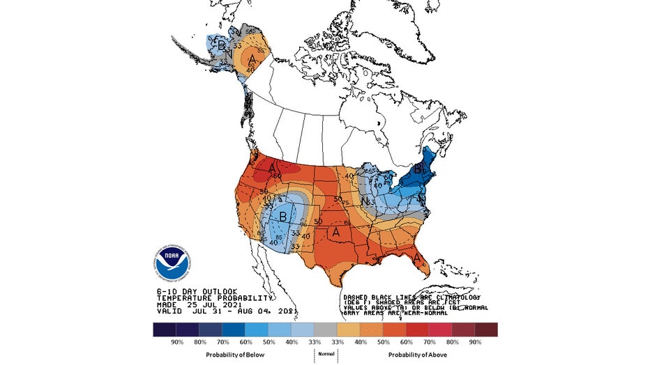 The latest 6- to 10-day temperature outlook issued Sunday by NOAA's Climate Prediction Center.