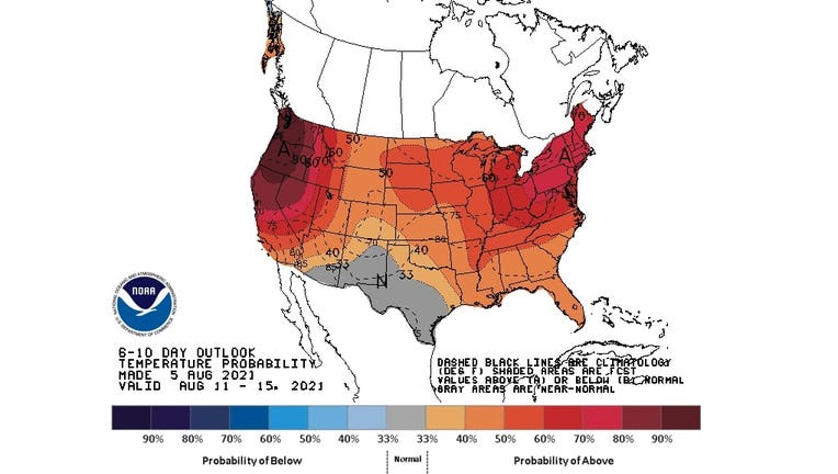 The 6- to 10-day temperature outlook issued Thursday by NOAA's Climate Prediction Center.