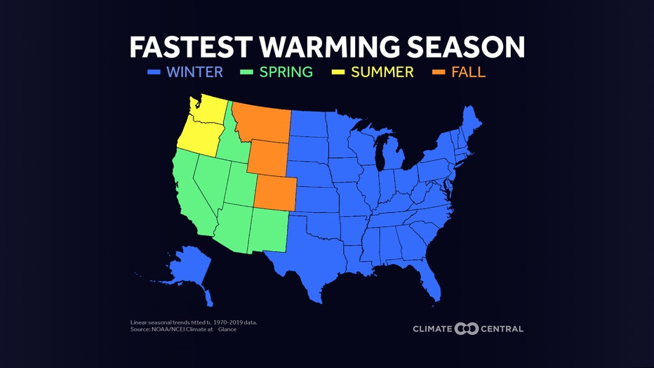 Each color depicts which season has warmed the fastest since 1970. Winter is the fastest-warming season for the 38 states shaded in blue, including Delaware, New Jersey and Pennsylvania.