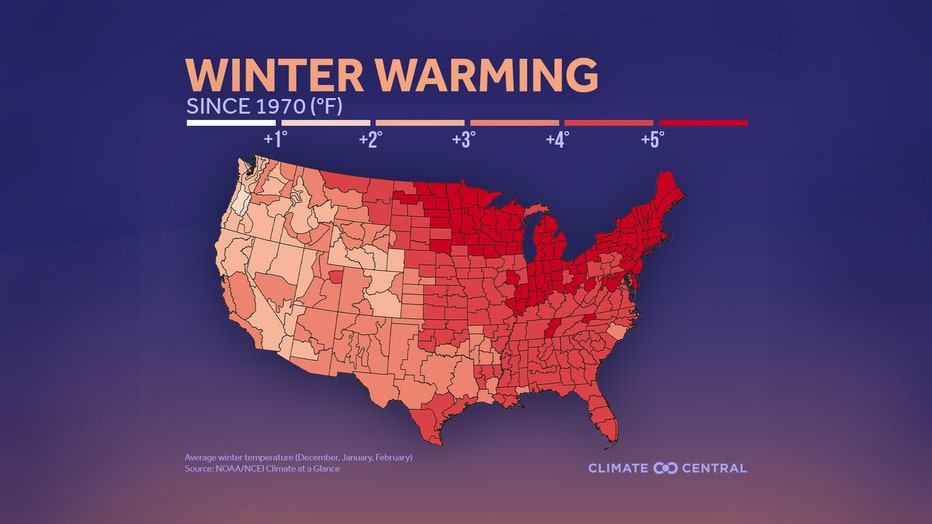 This map analyzes the magnitude of warming during the winter months (December-February) using 52 years of temperature data (1970-2021).