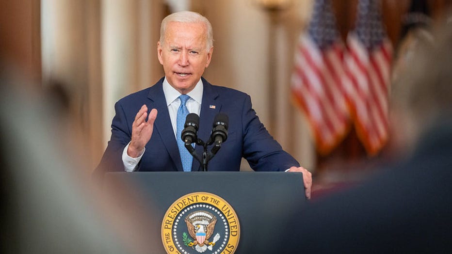 FILE - President Joe Biden delivers remarks on ending the war in Afghanistan, on Aug. 31, 2021, in front of the Cross Hall of the White House. (Official White House Photo by Adam Schultz)