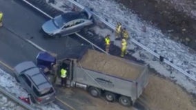 Collision between dump truck, 2 vehicles leaves debris on Route 30