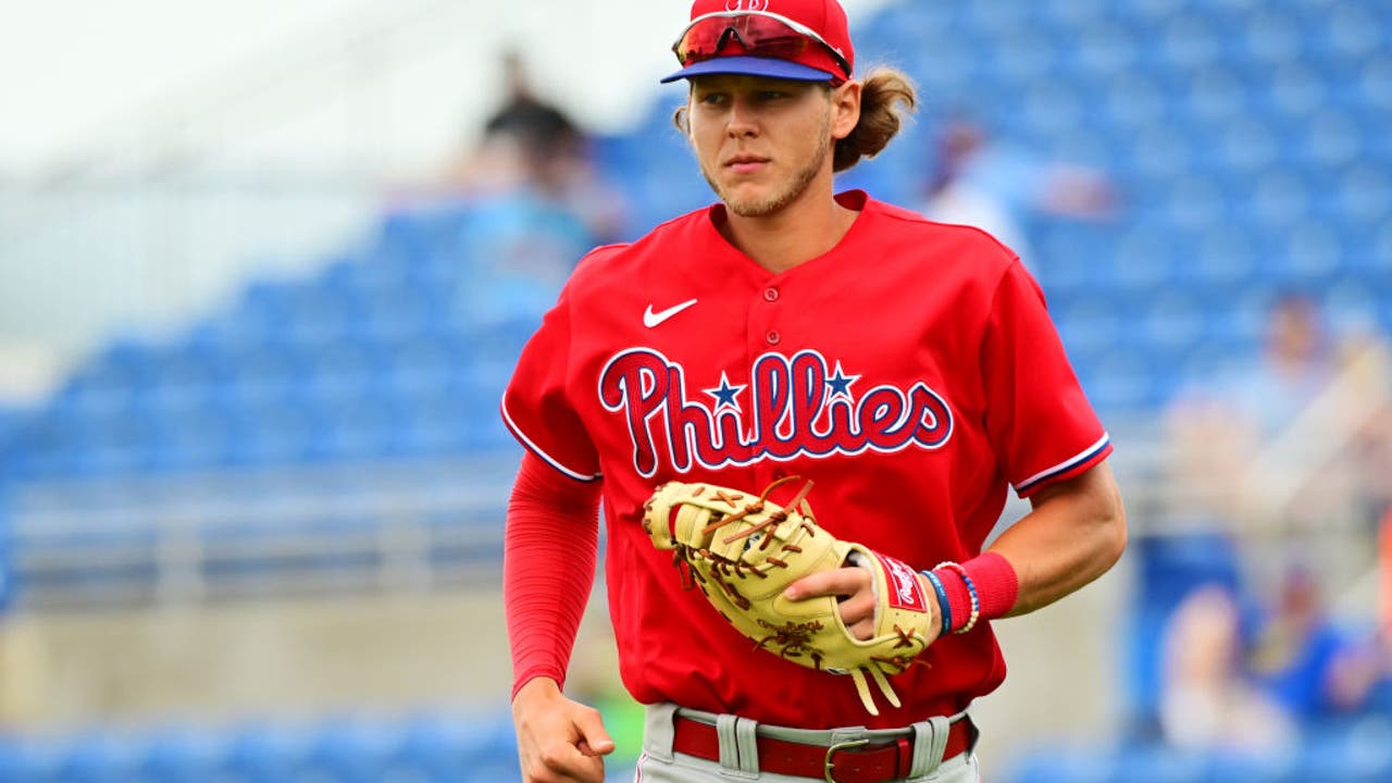 Alec Bohm of the Philadelphia Phillies warms up prior to a game