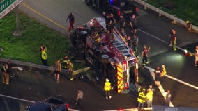 3 firefighters injured after fire engine overturned in collision on I-295 in Delaware