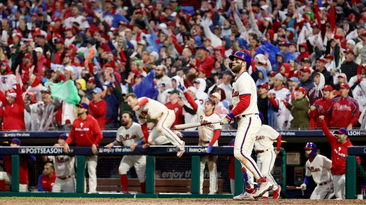 Bryce Harper of Philadelphia Phillies walks in the dugout before News  Photo - Getty Images