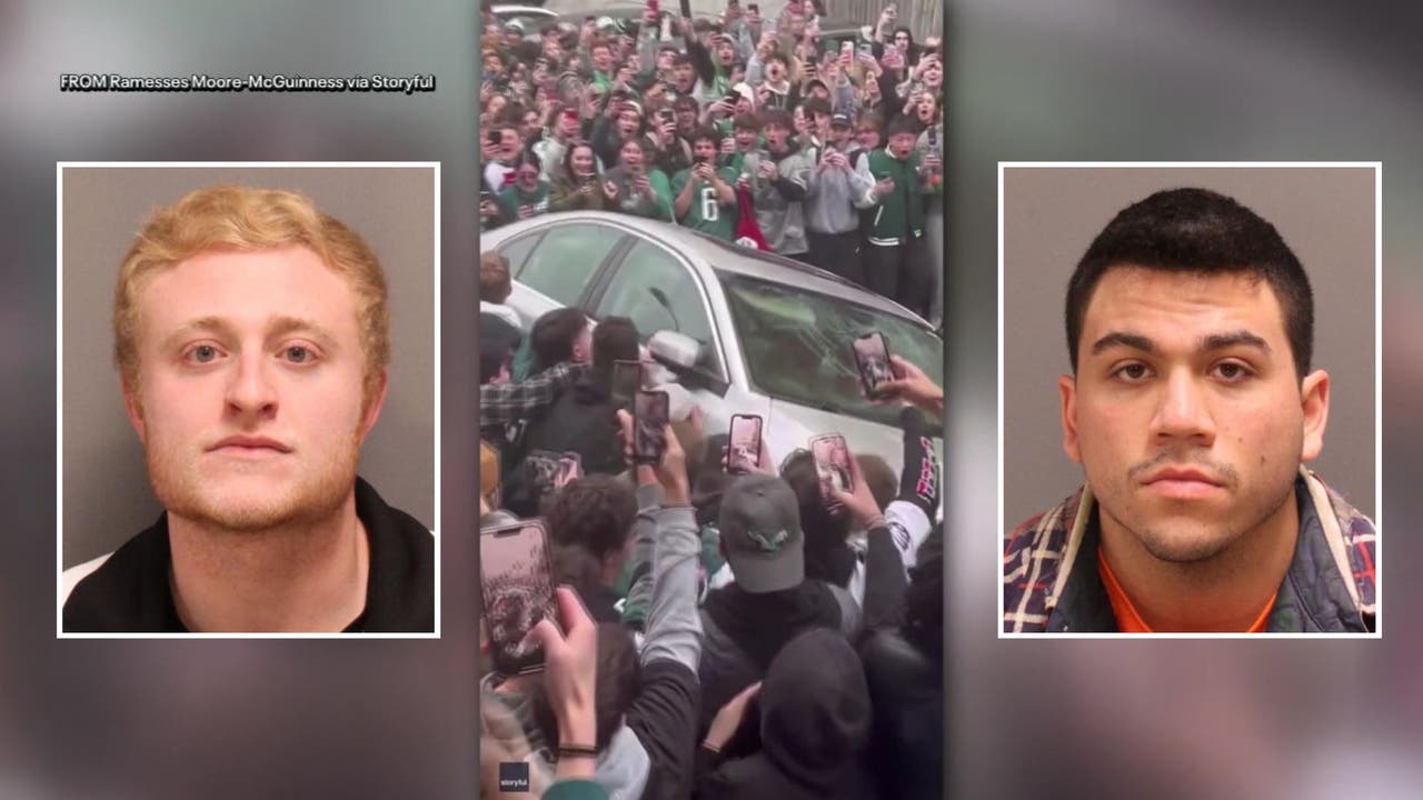 Rowdy Eagles fans flip parked car ahead of Super Bowl