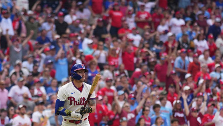 Philadelphia Phillies - Bryson Stott celebrating his hit that won