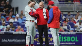 Phillies' Bryce Harper hit on surgically repaired elbow by pitch, leaves game