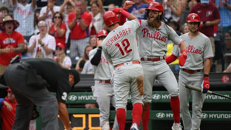 Kyle Schwarber of the Philadelphia Phillies in action against the News  Photo - Getty Images