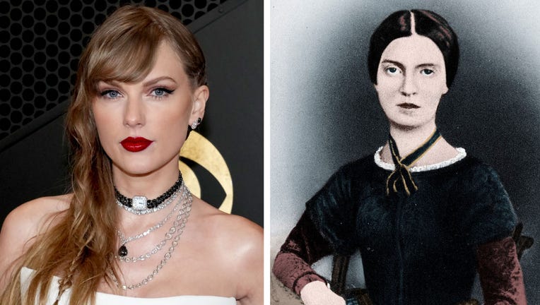 (Left) Taylor Swift attends the 66th GRAMMY Awards at Crypto.com Arena on February 04, 2024 in Los Angeles, California. (Photo by Jeff Kravitz/FilmMagic) (Right) Emily Elizabeth Dickinson c. 1846, American poet. (Photo by Culture Club/Getty Images)