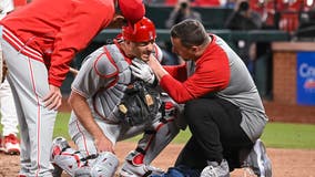 Phillies catcher J.T. Realmuto hit by Zack Wheeler wild pitch, leaves game