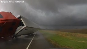 Video: Strong winds during Nebraska tornado outbreak knock tractor trailer into oncoming traffic