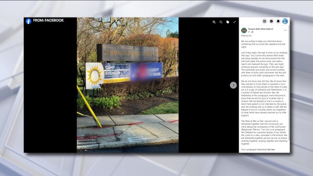 Synagogue sign vandalized with swastika for second time in Montgomery County