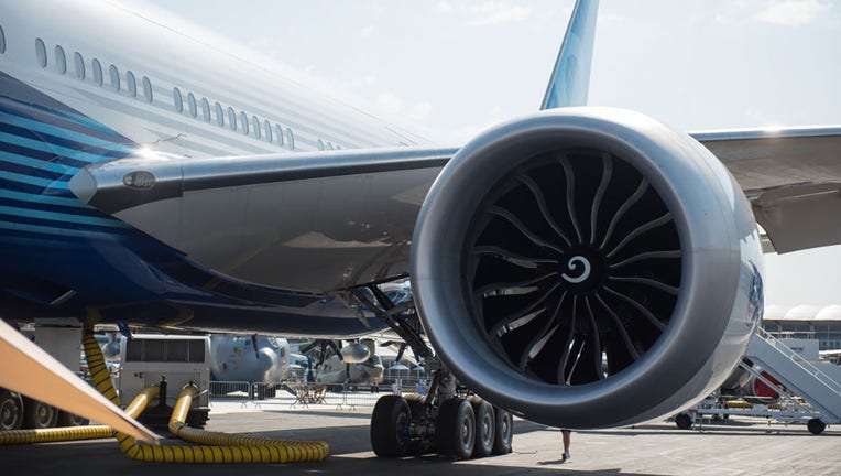 FILE - General Electric GE9X engine on a Boeing 777X during the Farnborough International Airshow 2022 on July 18, 2022, in Farnborough, England. (Photo by John Keeble/Getty Images)