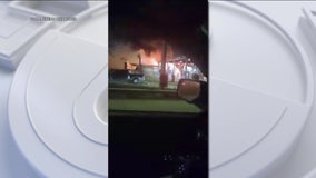 Video: Tractor trailer bursts into flames after toll plaza crash on Blue Route