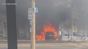 Video: Car slams into gas pump, bursts into flames in Mayfair