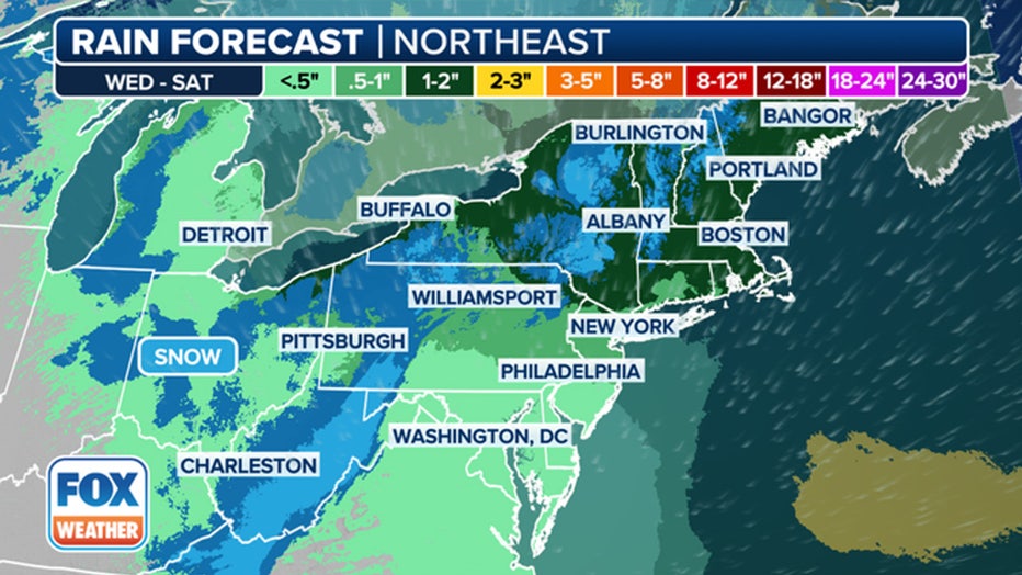 This graphic shows the expected rainfall amounts in the Northeast. (FOX Weather)