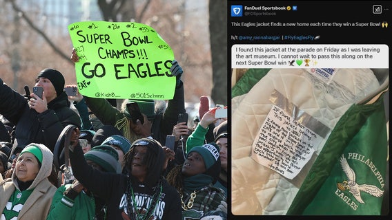 Fan finds Eagles jacket left behind at Super Bowl parade with special note attached