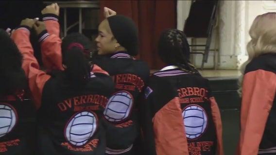 Girls volleyball team at Overbrook High celebrates undefeated season