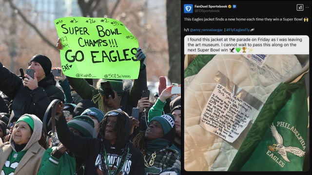 Fan finds Eagles jacket left behind at Super Bowl parade with special note attached