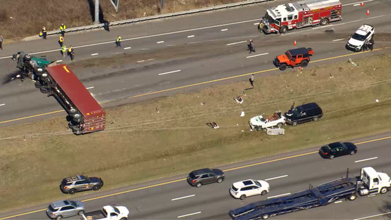 Parts of I-95 shut down after tractor-trailer overturns in Delaware County