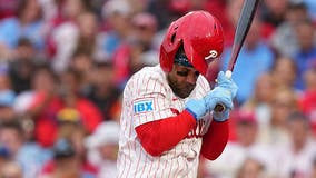 Bryce Harper injury: Phillies star exits game after getting hit by fastball pitch