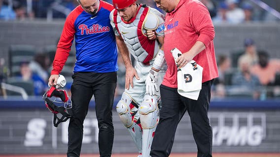 Phillies catcher J.T. Realmuto leaves game after being hit by foul tip