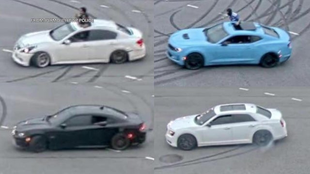 Illegal car rally shuts down busy intersection, explodes fireworks before fleeing from police