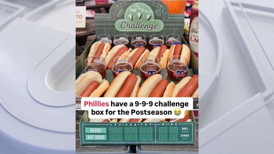 A box filled with nine hot dogs and nine beers with the words "9 9 9 challenge" on top and a an empty scoreboard on the side.