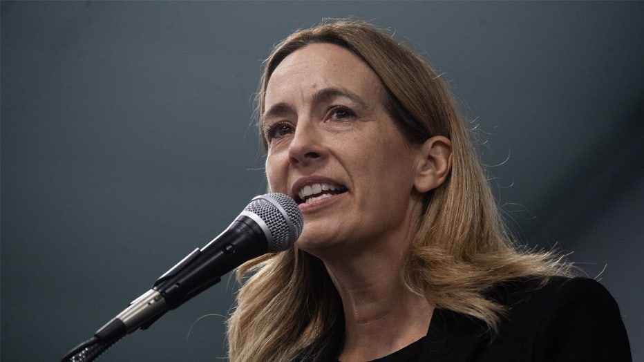 WESTVILLE, NEW JERSEY - OCTOBER 11: Democratic candidate for New Jersey Governor Mikie Sherrill speaks to a crowd alongside Minnesota Senator Amy Klobuchar, in Westville New Jersey on Saturday, October 11, 2025. Sherrill is set to square off against Republican nominee Jack Ciattarelli on November 4 for the position as New Jersey's 57th Governor.(Photo by Matthew Hatcher/Getty Images)