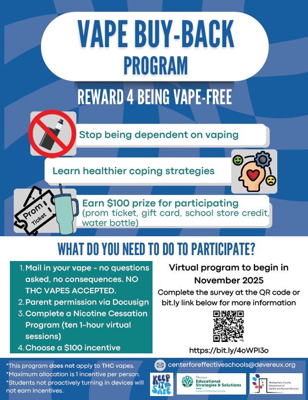 Turn in your vape, receive $100 reward: Free program in Montgomery County to help teens quit vaping