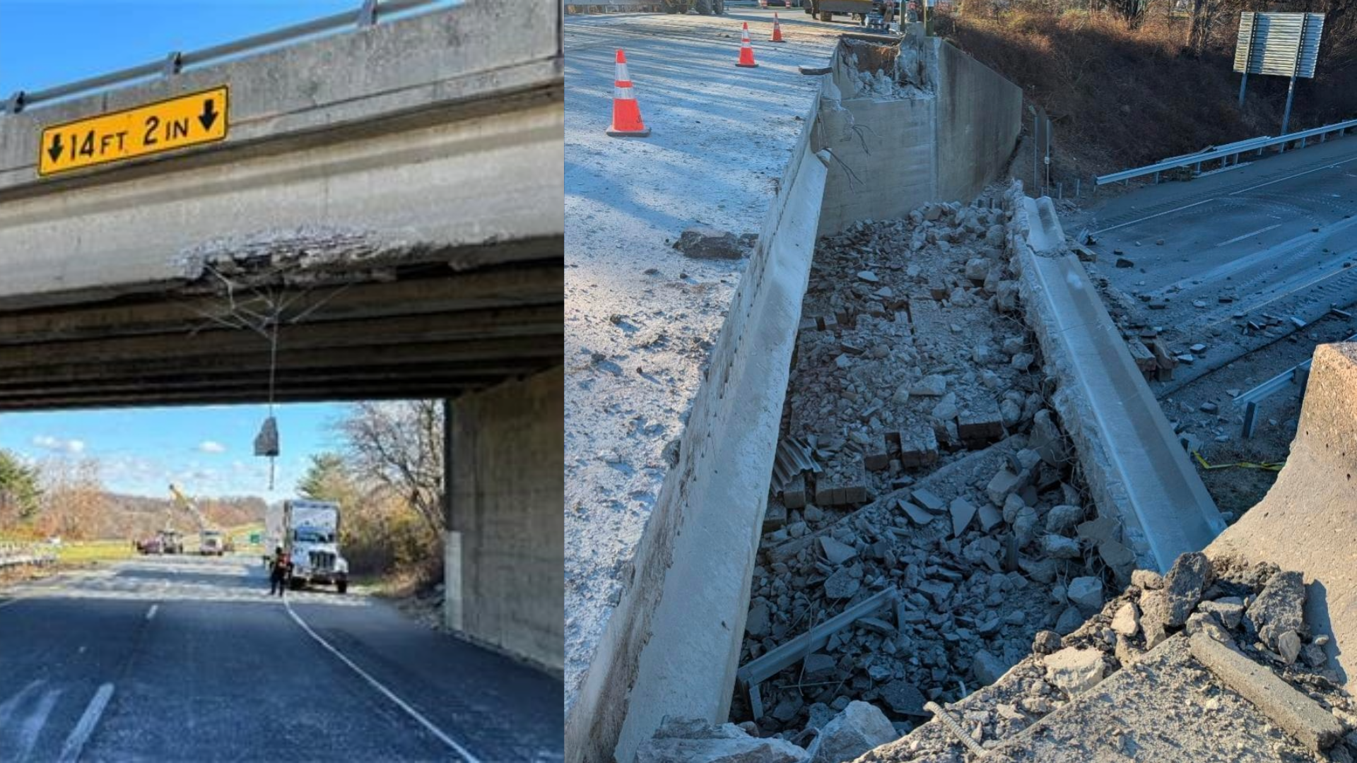 Emergency repairs underway after truck hits Route 10 bridge over U.S. 1 in Chester County