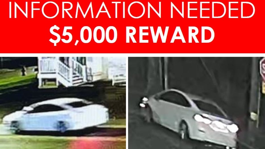 Two side-by-side surveillance photos of a white sedan wanted in connection with a murder, under a red and white banner that reads "INFORMATION NEEDED $5,000 REWARD."