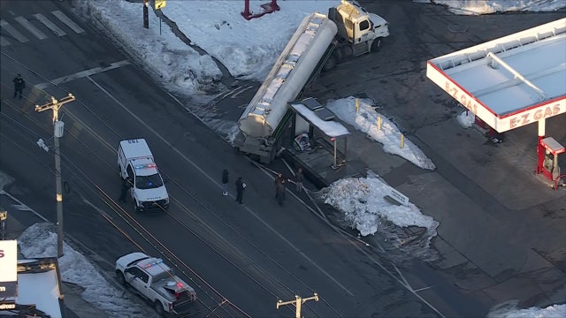 Gas tanker hits SEPTA bus shelter, leaks fuel at Philly gas station