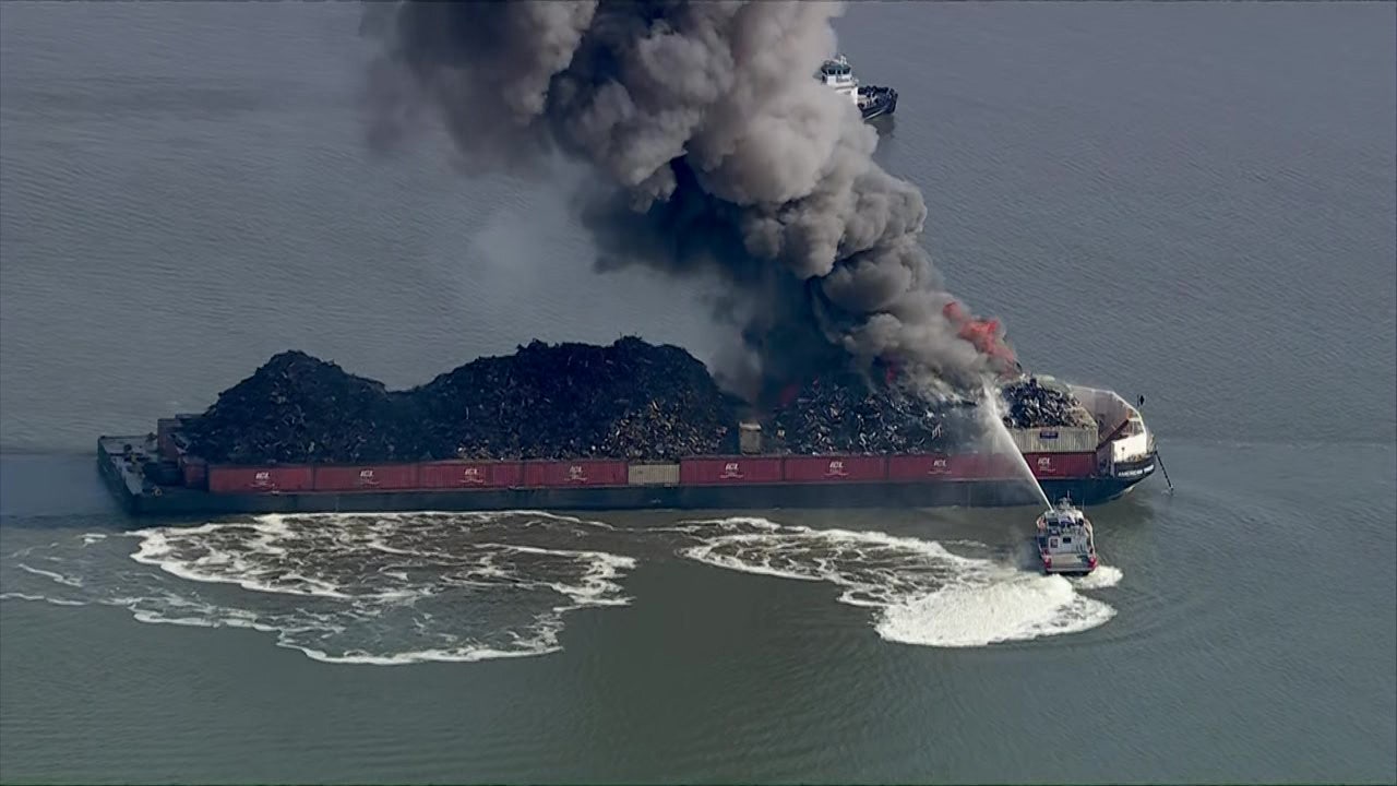 Fire erupts on scrap metal barge on Delaware River