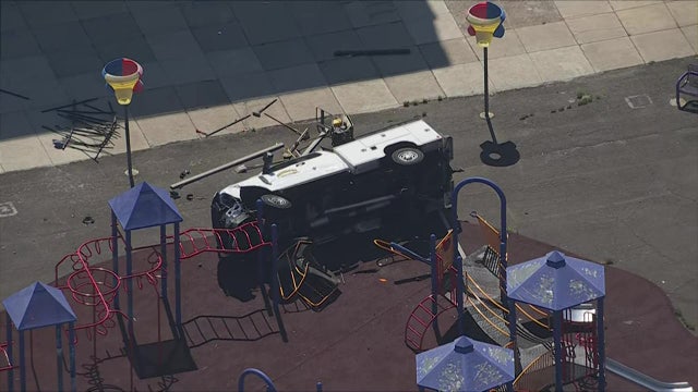 Stolen truck slams into car, overturns onto playground in Southwest Philly: police